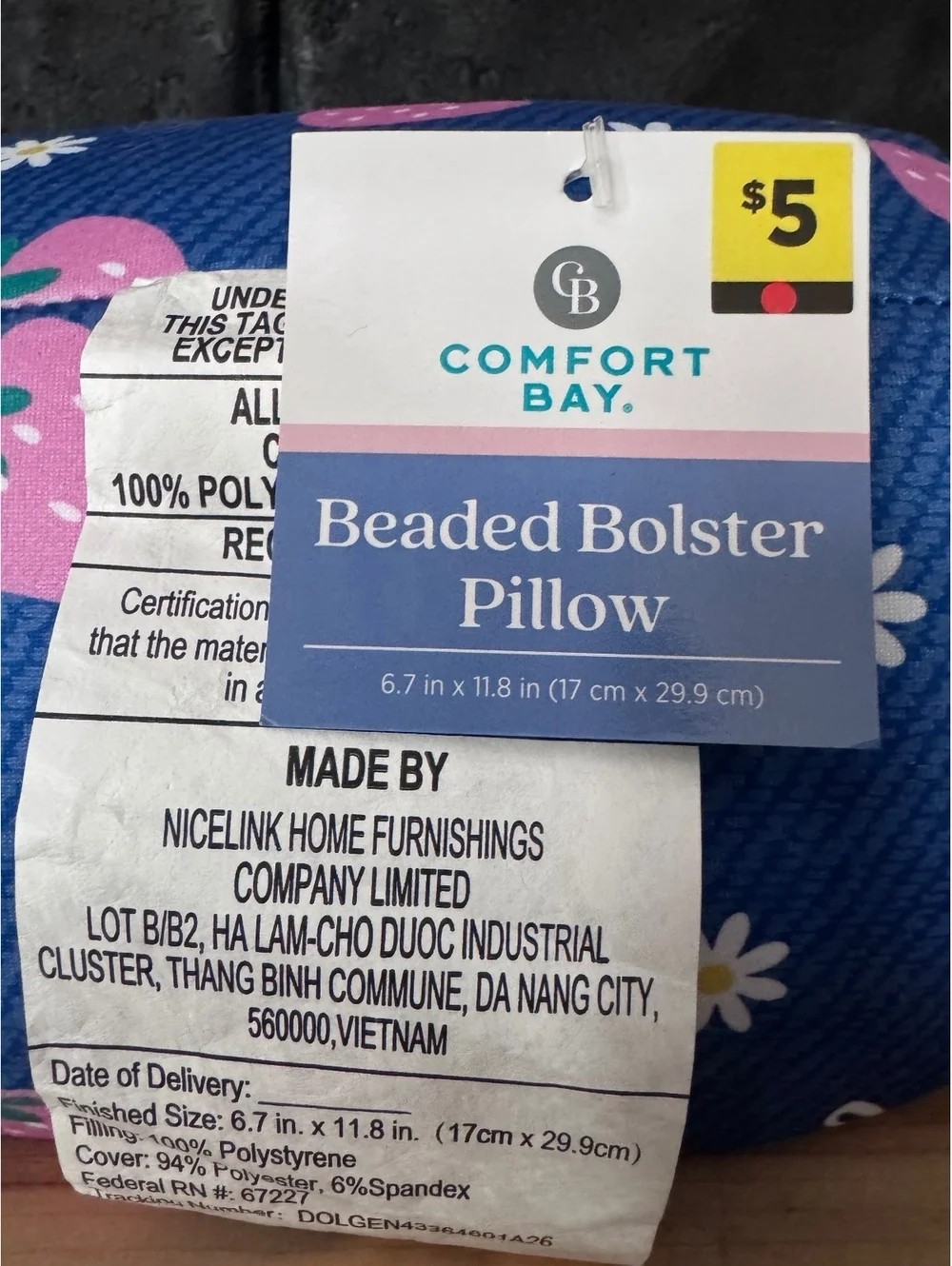 Camping Pillow-  Blue with Pink Strawberries
